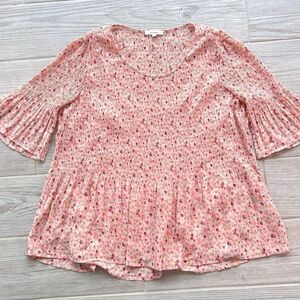 Pleione Womens Pink Blush Rust Ditsy Smocked Babydoll‎ Short Sleeve Blouse